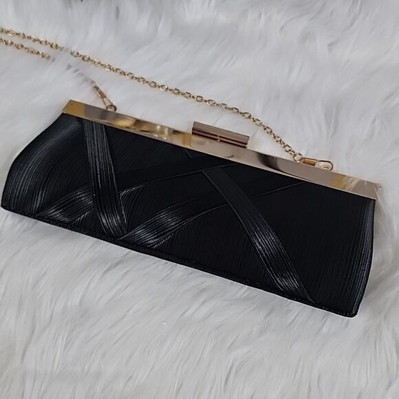Black Satin Evening Bag with Gold Tone Chain Vintage - Picture 1 of 15